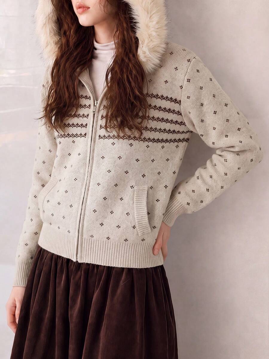 Women's Winter Casual Minimalist Retro Pattern Striped Design Hooded Cardigan Sweater Jacket - Milk Coffee - View 1