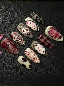 10pcs Pointed Almond Shape Gothic Style Press-On Nails, Dark Style Handmade Wearable Nail Tips, 3D Metallic Silver Texture Halloween Exclusive Manicure - Multicolor - View 4