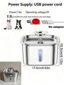 74.4oz/2.2L Automatic Pet Water Fountain/Water Dispenser Replacement Filter Cartridge Available Separately, Stainless Steel Cat Water Fountain With Window, Visible Water Level, USB Powered, With Replacement Filter Cartridge, Suitable For Small And Medium Cats And Dogs - Multicolor - View 3