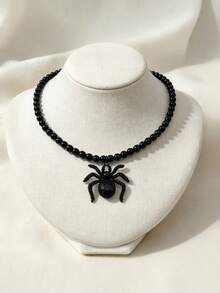 1pc Women's Vintage Gothic Dark Style Black Beaded Chain Spider Inlaid Faux Ruby Pendant Necklace, Retro Personalized Accessory, Suitable For Halloween Party, Theme Ball, Nightclub Gathering And Daily Dark Style Outfit Wear Necklace - Black - View 3
