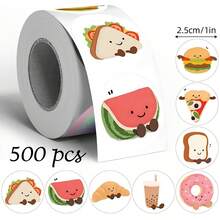 500pcs Cartoon Food Doodle Roll Stickers, 1 Inch Round, 8 Patterns Including Sandwich, Watermelon, Burger, Pizza, Bread, Croissant, Milk Tea, Suitable For Bakery Gift Box Sealing, Souvenir Packaging, Scrapbooking, Children Reward Stickers, Creative Express Packaging, Market Stall Decoration - Multicolor - View 6