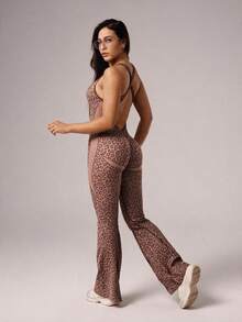 1pc Leopard Print Twisted Hollow Back Deep V Flare Leg Jumpsuit Set, Brown Jumpsuit, Pink Jumpsuit - Brown - View 7