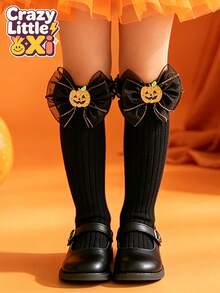 1 Pair Baby Girl Pumpkin Bow Decor Halloween Style Knee-High Leg Warmers, Fun Dark Cute Monster Style, Big Eye Monster Bright Color Girls Leg Warmers, Suitable For 2-8 Years Old Girls Holiday Wear - Black - View 10