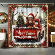1pc Christmas Holly Bow Frame Yak Shower Curtain, American Winter Bathroom Hanging Curtain - Suitable For Bathroom Decor, Bathroom Curtain - Easy To Clean, Exquisite Home Decor, Bathroom Partition Curtain, Decorative Shower Curtain, Bathroom Accessories Home Decor Gift - Includes 12 Hooks - Multicolor - View 1