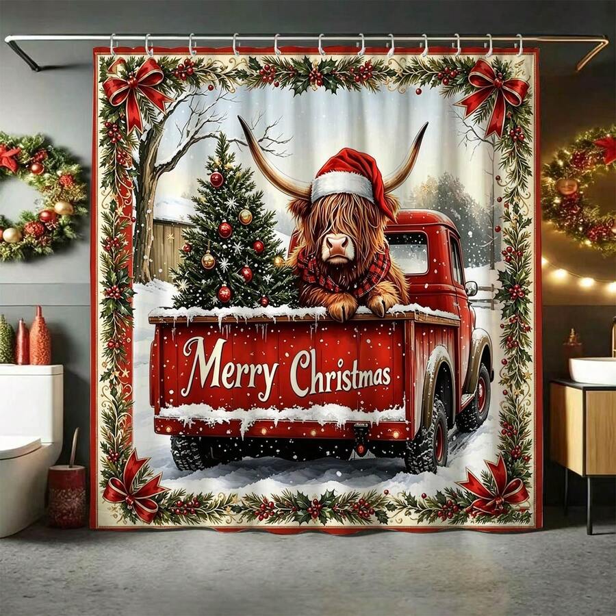 1pc Christmas Holly Bow Frame Yak Shower Curtain, American Winter Bathroom Hanging Curtain - Suitable For Bathroom Decor, Bathroom Curtain - Easy To Clean, Exquisite Home Decor, Bathroom Partition Curtain, Decorative Shower Curtain, Bathroom Accessories Home Decor Gift - Includes 12 Hooks - Multicolor - View 1