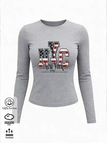 Women's Pure Cotton Long-Sleeve T-Shirt Casual Letter Print Tee For Fall Winter Basic Layering Top - Grey - View 4