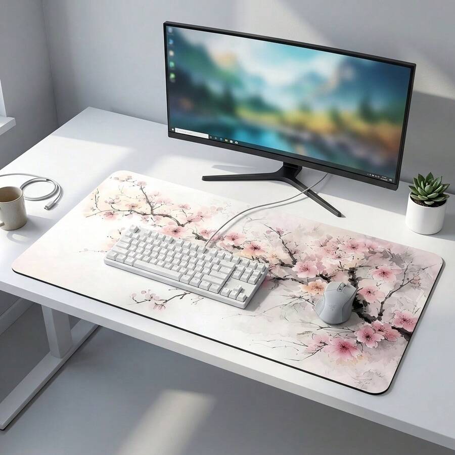 Cherry Blossom Mouse Pad, Gaming Office Home Artistic Design, Gift For Friends And Family, Rubber Base, PC Laptop Back To School Desktop Accessory, Office Supplies, Mouse Pad Set, Keyboard Pad, Study Mat - Multi-color - View 1