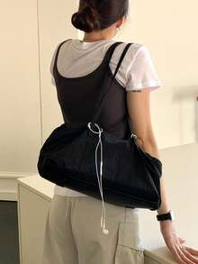 2026新款女士超火紅尼龍托特包，輕量大容量通勤手提包，單肩腋下包，無吊飾 - 黑色 - 查看 4