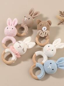 1pc Handmade Crochet Beech Wood Ring Rattle Bunny Bear Handheld Toy, Pink, Blue, White, Khaki, Camel - Multicolor - View 4
