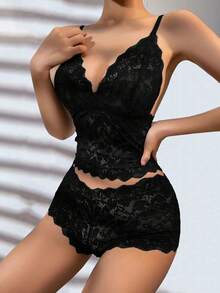 1 Set Women's Wireless Lace Embroidered Floral Bra And Panty Set - Black - View 4