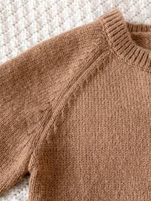Baby Boy & Girl Minimalist Round Neck Long Sleeve Knit Cardigan Sweater, Solid Color Single-Breasted Casual Versatile Jacket For Daily Wear, School, Spring, Autumn, Winter - Brown - View 4
