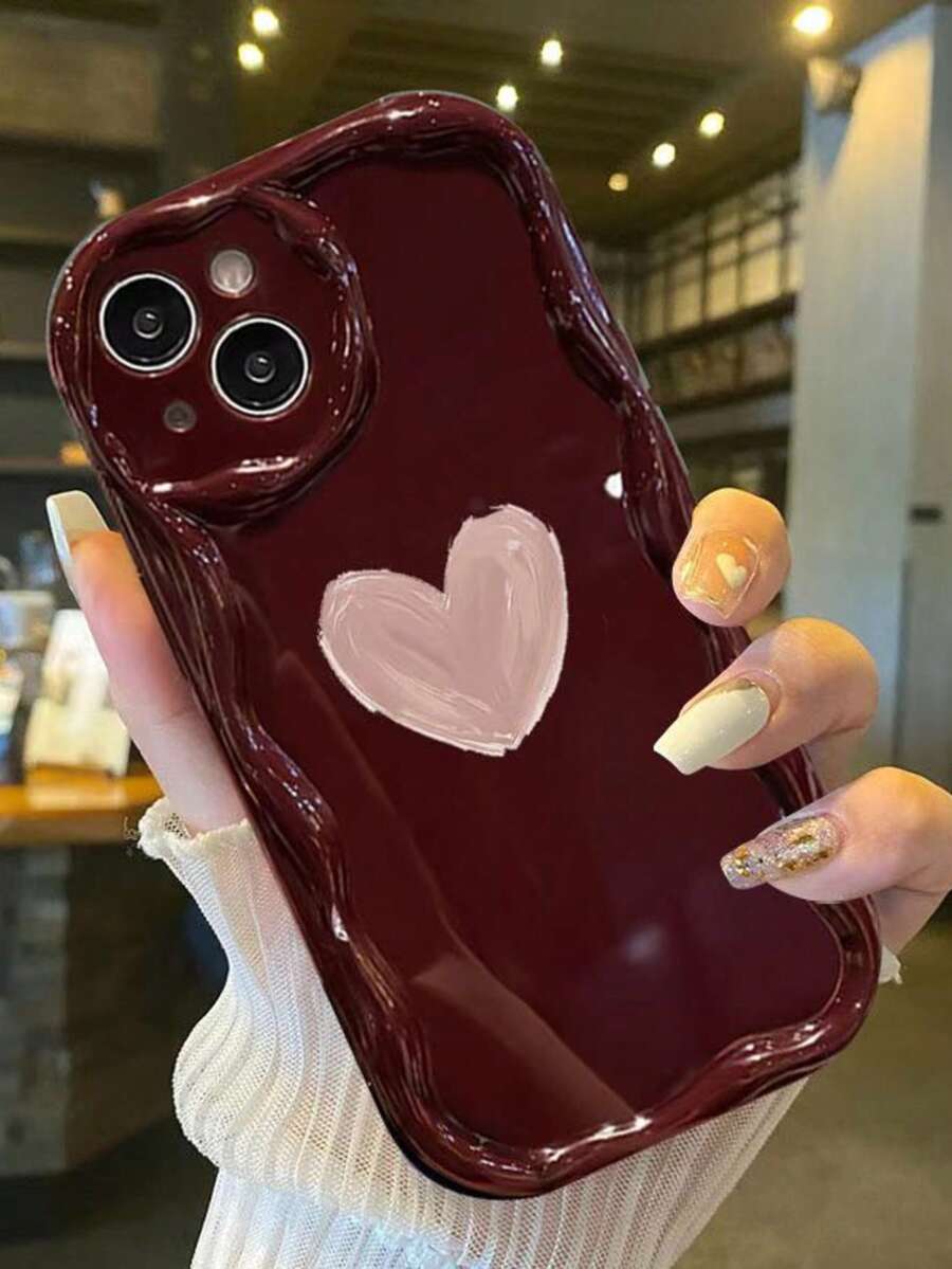 1pc Graffiti Heart Pattern Phone Case Compatible With IPhone 15 Pro Max, New Apple 14 Plus Milk Texture Creative Personalized - Burgundy - View 1
