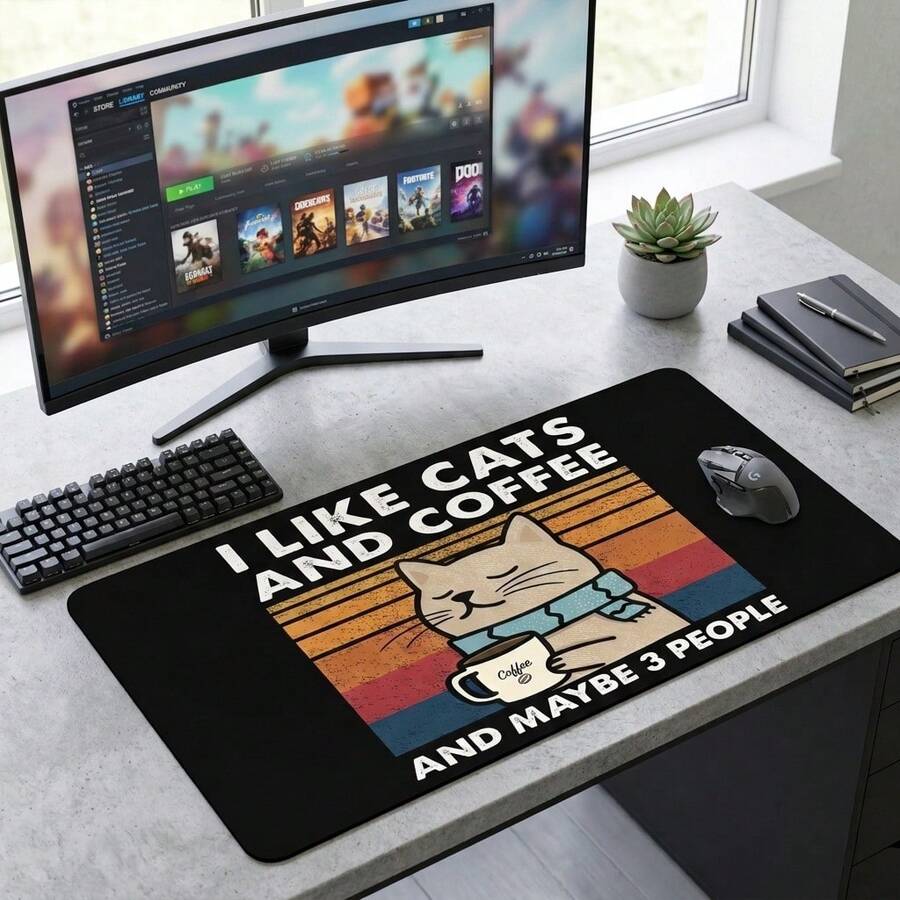 Cute Cat Drinking Coffee Pattern Large Extended Gaming Mouse Pad, Non-Slip Rubber Base, Smooth Glide Surface, Multi-Functional Desk Mat For Computer Office Home Study, Cozy Abstract Desktop Decor - A - View 1