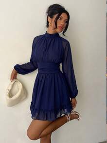 Women Mock Neck Chiffon Dress Long Sleeve Elastic Waist Elegant Apparel For Fall Winter Wedding Guest Going Out Dating - Navy Blue - View 3