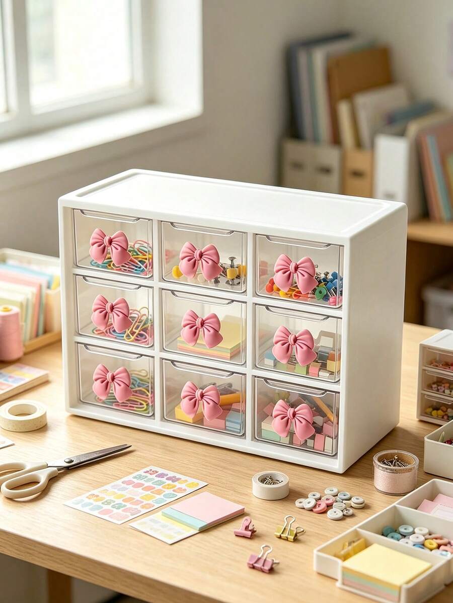 Drawer-Style Mini Cosmetic Storage Box With Multiple Color Bows, Transparent Plastic Stackable Storage Box, Multiple Designs, Multi-Compartment Partition, Suitable For Desk, Office And Bedroom, Smooth Surface Easy To Clean - Multicolor - View 1