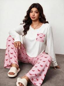 Plus Size Striped Bow Print Pajama Set, Long Sleeve Top With Pockets And Casual Pants Loungewear Set, Suitable For Autumn/Winter - Multicolor - View 3