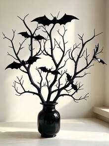 3pcs Artificial Black Branches With 12 Bat Decorations, Halloween Tabletop Vase Decoration, Suitable For Family Parties. - Black - View 1