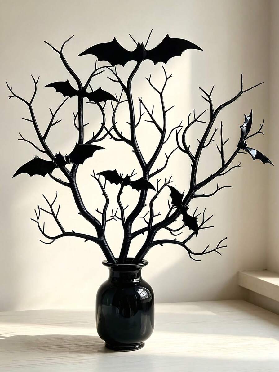 3pcs Artificial Black Branches With 12 Bat Decorations, Halloween Tabletop Vase Decoration, Suitable For Family Parties. - Black - View 1