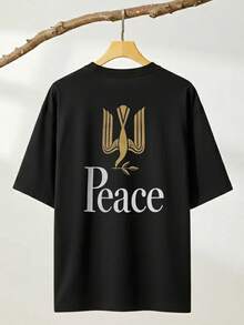 Men's Black Tobacco Piece & Peace Letters Graphic T-Shirt - Soft Breathable Crew Neck Tee, Relaxed Fit Suitable For Daily & Formal Wear, Urban Style W - Black - View 1