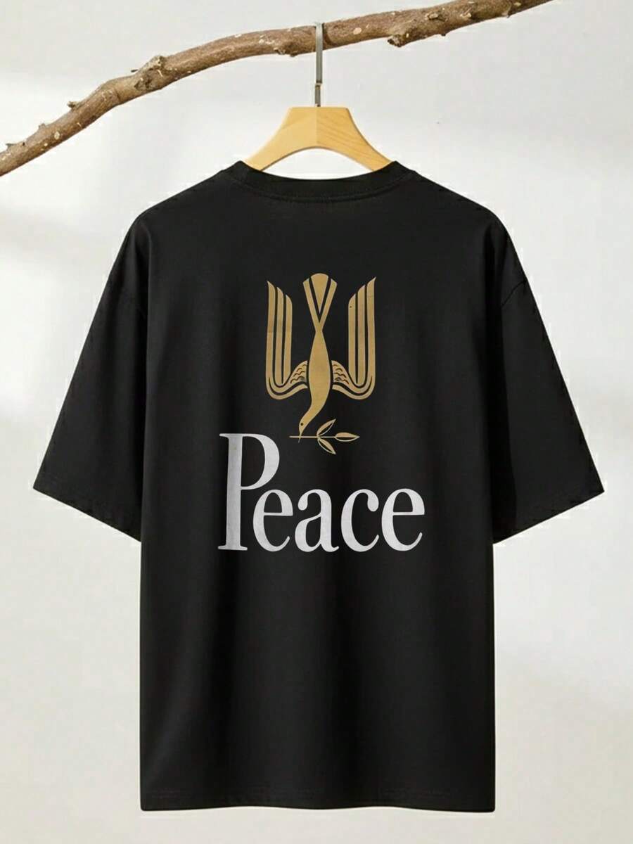 Men's Black Tobacco Piece & Peace Letters Graphic T-Shirt - Soft Breathable Crew Neck Tee, Relaxed Fit Suitable For Daily & Formal Wear, Urban Style W - Black - View 1