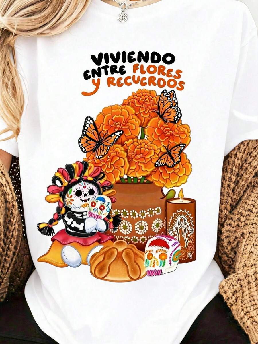 Camiseta negra para mujer con motivos de calavera de azúcar y flores de caléndula, ideal para el Día de Muertos y el Día de Acción de Gracias en otoño. - Blanco - Ver 1