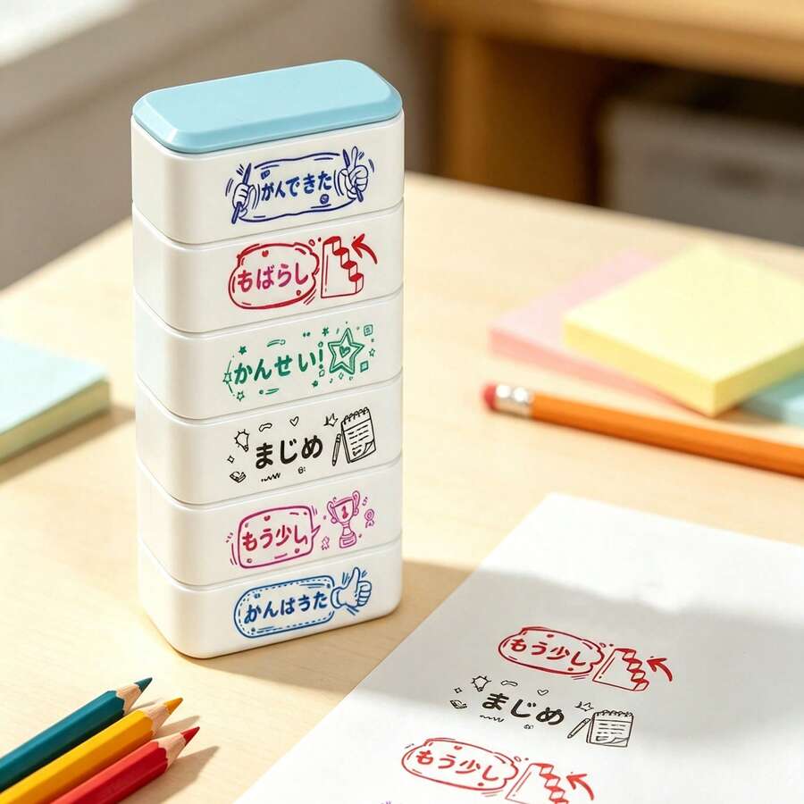 6-In-1 Japanese Style Teacher Reward Stamps, Multi-Color Self-Inking Stackable Incentive Stamps, Suitable For Children's Homework Feedback And Student Classroom Encouragement Stationery - Sets - View 1