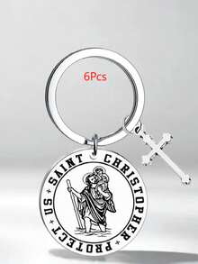 1pc/6pcs/15pcs/24pcs St. Christopher Keychain, Travel Guardian Saint Travel Key Ring, Good Luck Christian Catholic Keychain - Silver - View 9