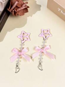 2pcs Hollow Star Hair Clips With Pearl Chain Bow & Angel Pendant Side Clips, Sweet Cool Style, Suitable For Party, Date, Daily Wear, Photography, Personalized Hair Accessories For Girls - Multicolor - View 6