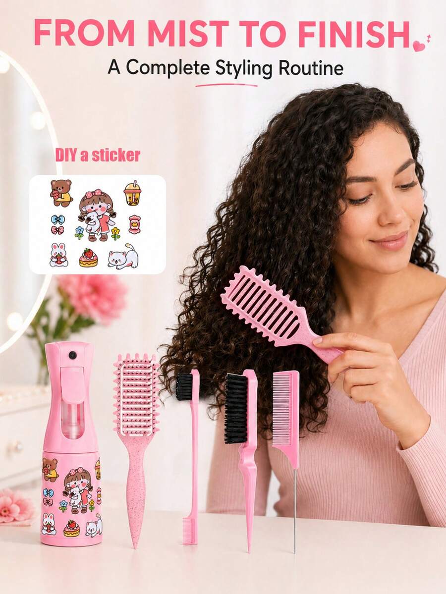 6pcs Comb Set, Fine Mist Spray Bottle, Suitable For Adults And Women, Hair Styling Tool Set, Hair Spray Bottle, Rat Tail Comb, Hairline Brush And Stickers, Perfect For Hair Design And Hairstylists, Perfect Gift For Girls, Back To School - Multicolor - View 1