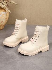 1 Pair Kids' Beige Ankle Boots, Soft PU + Front Lace-Up Design, Casual Cargo Style Style Motorcycle Boots, Suitable For Daily School, Vacation, Autumn/Winter New - Beige - View 5