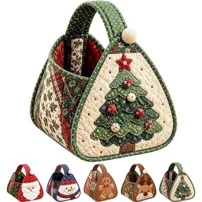 Christmas Quilted Carry Basket Sewing Kit, Fabric Storage Basket DIY Craft Kit With Santa Design, Holiday Organizer Bag For Christmas Home Decor And Handmade Sewing Project