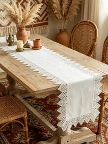 White Water‑Soluble Lace Table Runner, Solid Plain Polyester Table Runner With Geometric Fan‑Shaped Lace Trim, Boho Farmhouse Dining Table Decor For Party Wedding Home Decoration - White - View 16