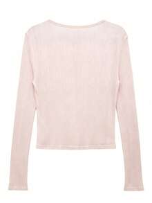 Korean Style Minimalist Round Neck Single-Breasted Long Sleeve Cardigan Top Pink - Pink - View 3