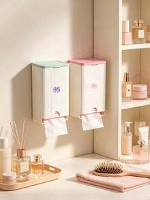 Cute Bow Wall-Mounted Tissue Box, Bathroom Sanitary Napkin Storage Box, Vertical Striped Textured Shell, No-Drill Adhesive Wall Installation. Smooth Dispensing Opening, Can Hold Face Towels, Tissues, Flip-Top Design For Easy Refill. White And Pink Contrast Color Girly Style, Suitable For Bathroom Vanity, Frees Up Countertop Space, Practical Home Storage For Face Towels And Tissues. - Multicolor - View 5