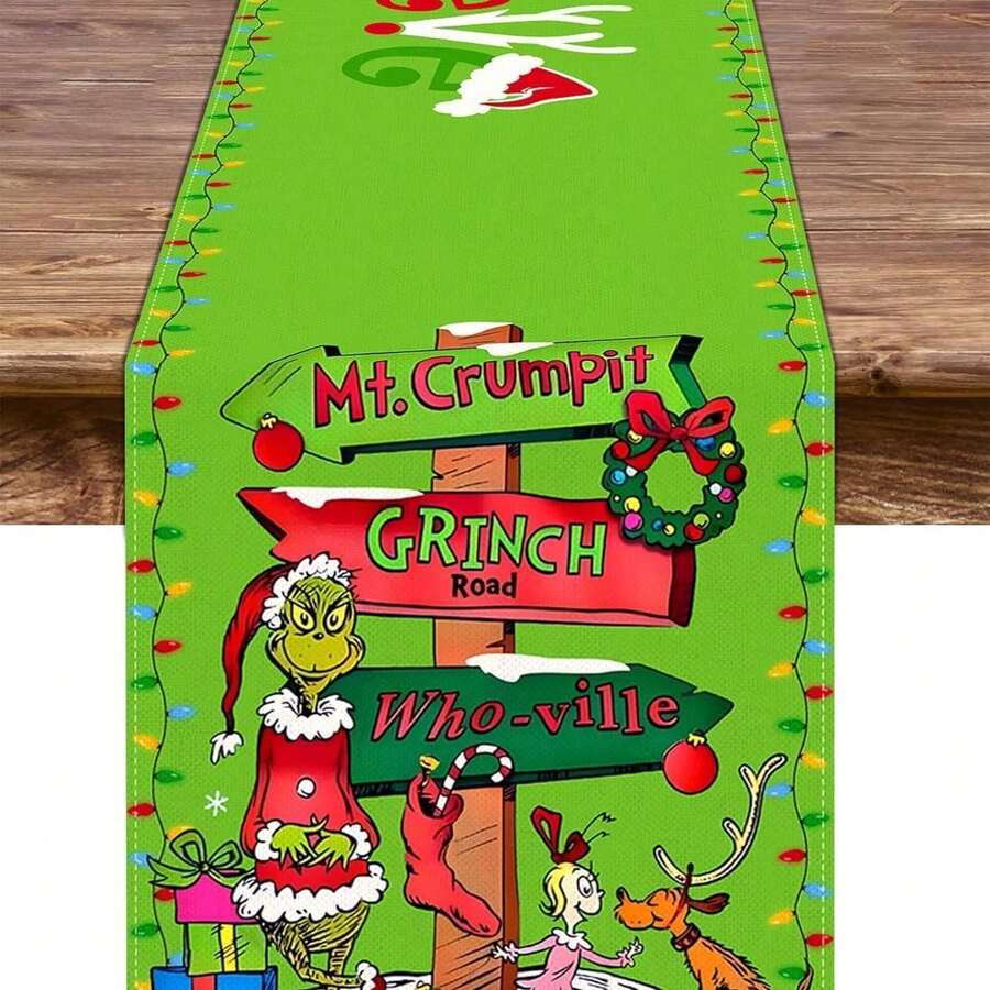 The Grinch Christmas Table Runner, Green-Haired Monster, Snowman, Linen Table Runner, Tablecloth, Christmas Party Atmosphere Decoration, Perfect Party Decoration, Family Decoration Accessories - Multicolor - View 1