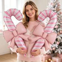5pcs 32 Inch Red & Pink Candy Cane Shaped Foil Balloons With Pink Bows, Christmas Party Decoration Toy Balloons - View 5