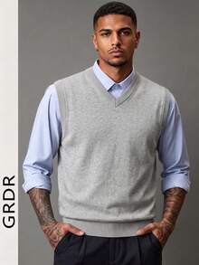 GRDR Men's Solid Color V-Neck Casual Versatile Knit Vest - Light Grey - View 3