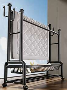 Double‑Pole Floor‑Standing Movable Coat Rack With Universal Casters For Easy Movement, Side Hooks, Double‑Layer Storage Space, Thickened Stable Tubing, Available In Black And White, Provides Large‑Capacity Storage For Clothes, Hats And Shoes - A - View 5