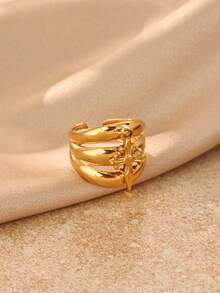 1Pc Vintage Triple Band Open Ring With Cross Charm, Stainless Steel Ring, Gold Ring, Edgy Punk Style Jewelry For Party, Christmas Gift - Multicolor - View 5