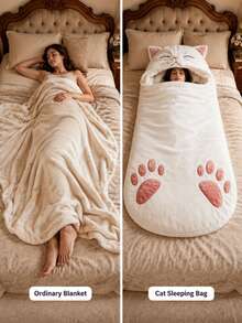 1pc Cute White Cat Adult Sleeping Bag, Hooded Full Body Sleep Sack With Cat Ears And Paw Prints, Soft Portable Bedding, Suitable For Bedroom Napping, Camping, Tent, Car, RV, Travel, Home And Indoor Rest - Multicolor - View 8
