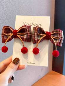 2pcs Girls Autumn/Winter Vintage Versatile Multi-Color Plaid British Style Bow Hair Clips - Burgundy - View 6