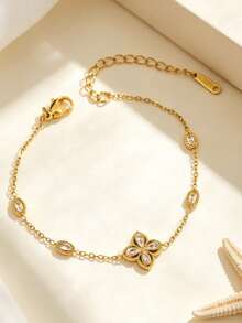 1pc Ins Style Circle Rhinestone Bracelet For Women, Luxury Minimalist Design, Exquisite Stainless Steel Jewelry - Diamond Bracelet - View 3