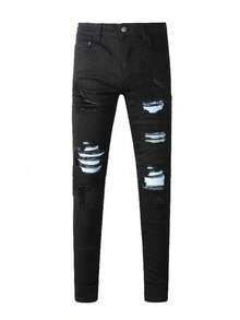 Men's Fashion Distressed Patch Skinny Stretch Denim Jeans - Black - View 2