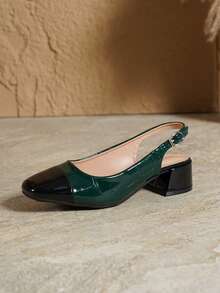 2026 New Vintage Patchwork Crocodile Texture Square Toe Backless 4cm Chunky Heel Sandals With Adjustable Buckle Strap, Snug Fit To Foot Shape, Easy Walking, Suitable For Daily Commute, Dating, Party And Multiple Outfit Scenarios Women's Shoes - Black Ink Green - View 8