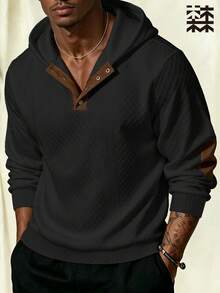 mulinsen Men's Argyle Hooded Sweatshirt, Vintage Henley Button Elbow Patch Casual Long Sleeve Pullover - Black - View 1