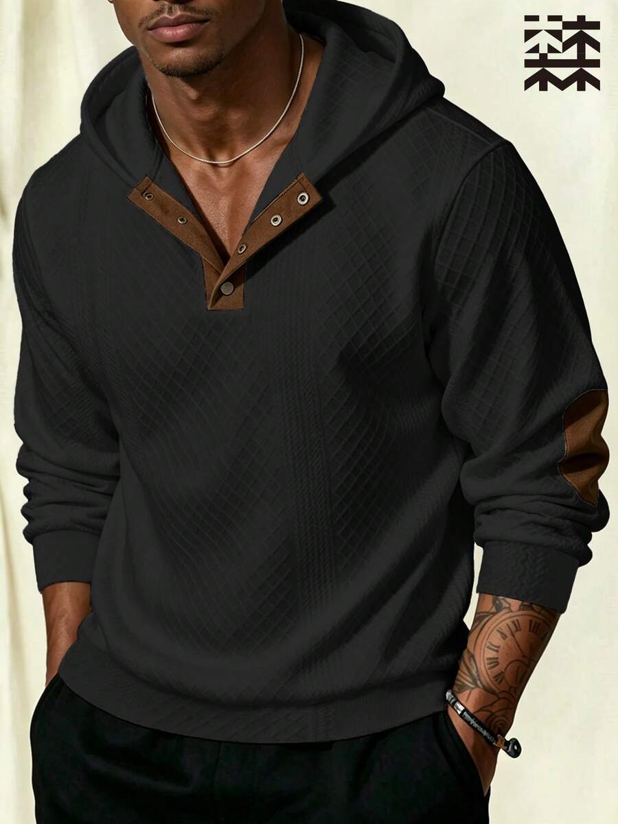 mulinsen Men's Argyle Hooded Sweatshirt, Vintage Henley Button Elbow Patch Casual Long Sleeve Pullover - Black - View 1