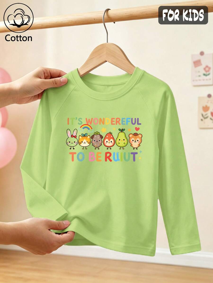 Girls Cotton Raglan Long Sleeve Tee For Fall Winter, Cartoon Print With Rainbow Stars Hearts, Cute Sweet Preppy Style - Fruit Green - View 1