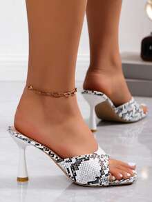 Sepatu hak tinggi model selop terbuka persegi untuk wanita, cocok untuk pesta, kencan, dan kegiatan sehari-hari. - Hitam dan Putih - View 5