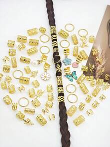 85件裝花卉幻想髮環，含粉色愛心、白色珍珠、雛菊、綠色蝴蝶與山茶花多造型可調節編髮飾品 - 金色 - 查看 4
