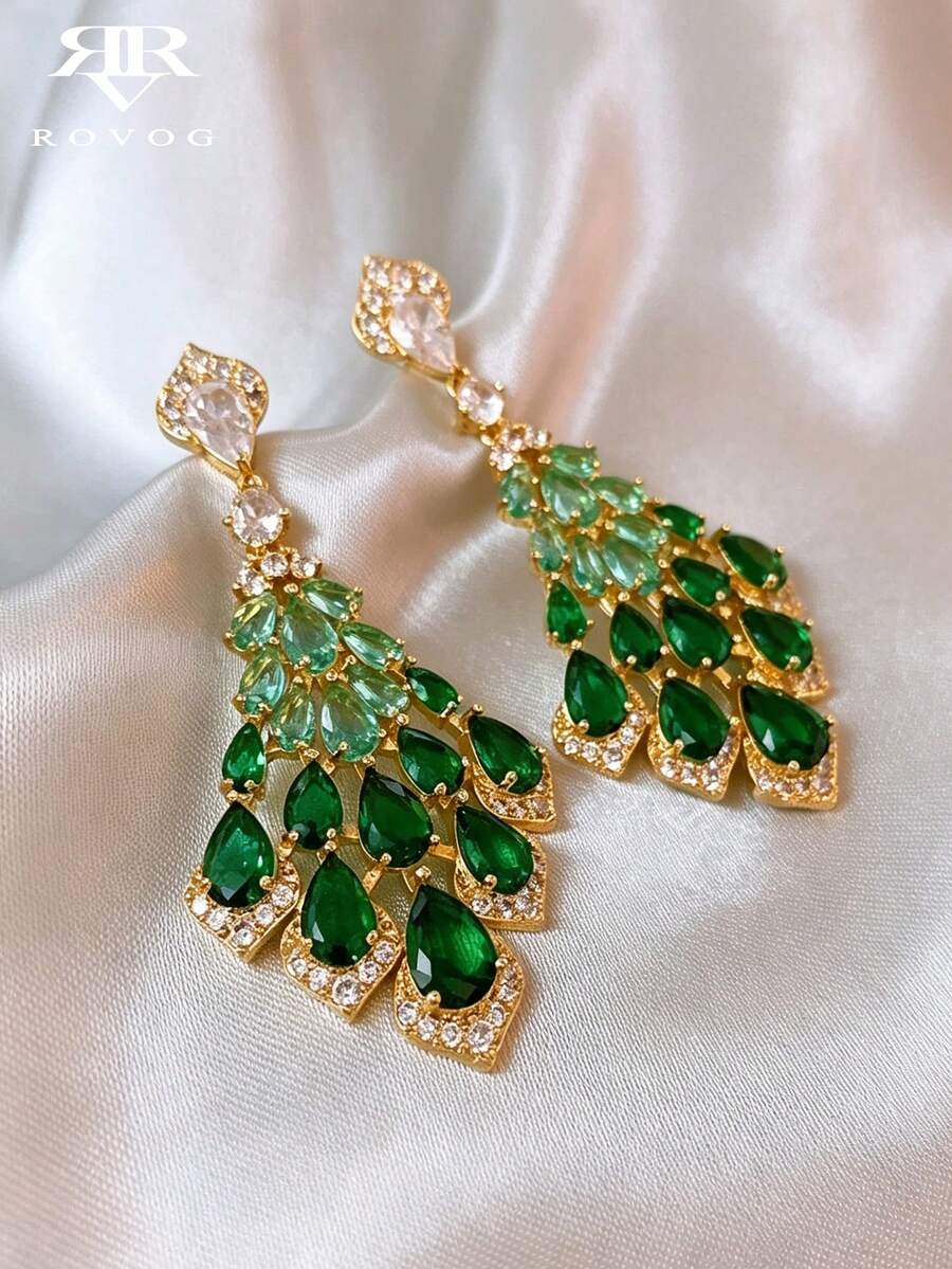 1 Pair Elegant Cubic Zirconia Teardrop Tassel Dangle Earrings, Suitable For Women's Wedding And Party Wear - Golden Yellow+Green - View 1